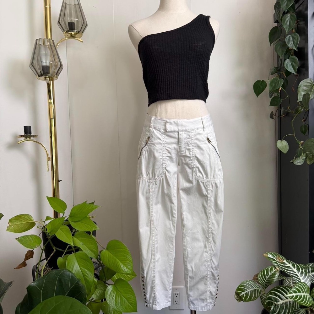 Cache Y2K White Low Rise Capri Pants Cheetah Print Trim Gold Hardware Size 2